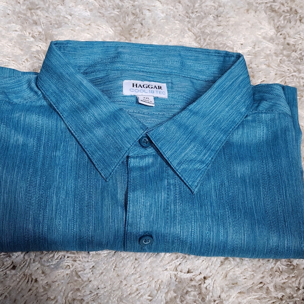 Haggar Mens Teal Peacock Mens Short Sleeve Cool 18 Tec Dress Shirt XXL - Picture 2 of 7
